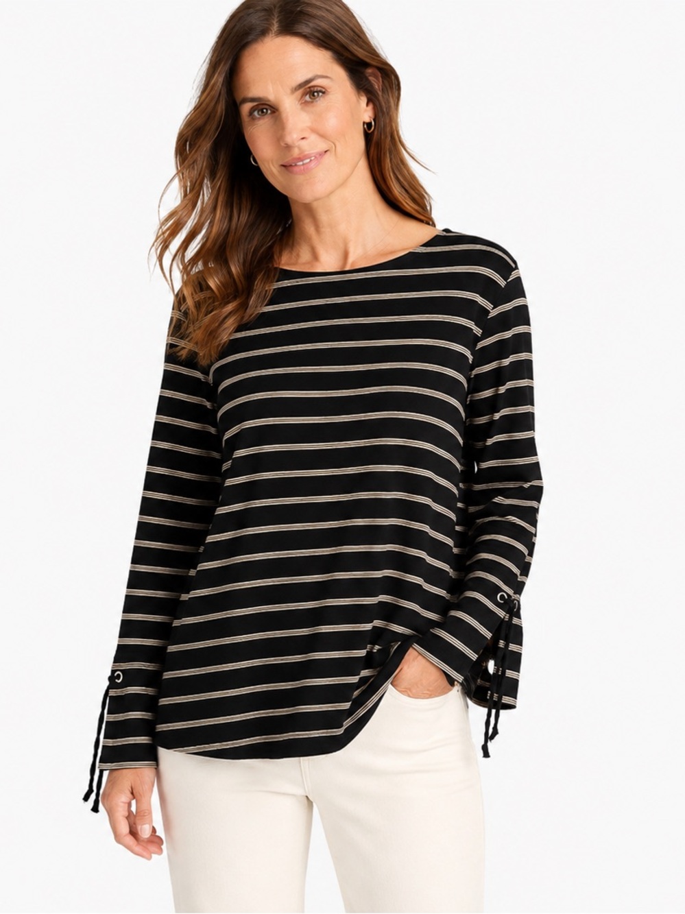 J.Jill Black Striped Pima Cotton Drawstring Bell Sleeve Top L